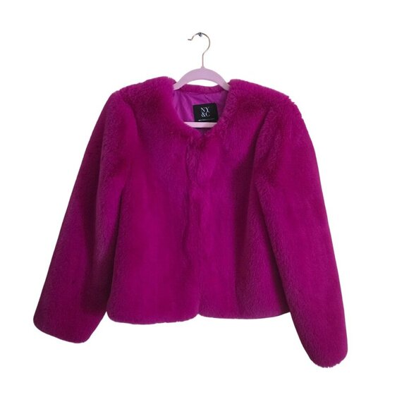 NY & Co Fuscia Faux Fur Cropped Fully Lined Jacket Size M Hook and eye closure s - Picture 1 of 5